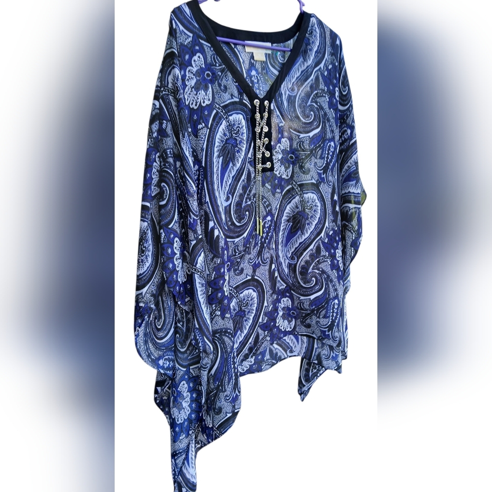 Michael Kors Paisly Blue and White Top Siler Chain Laced  Blouse